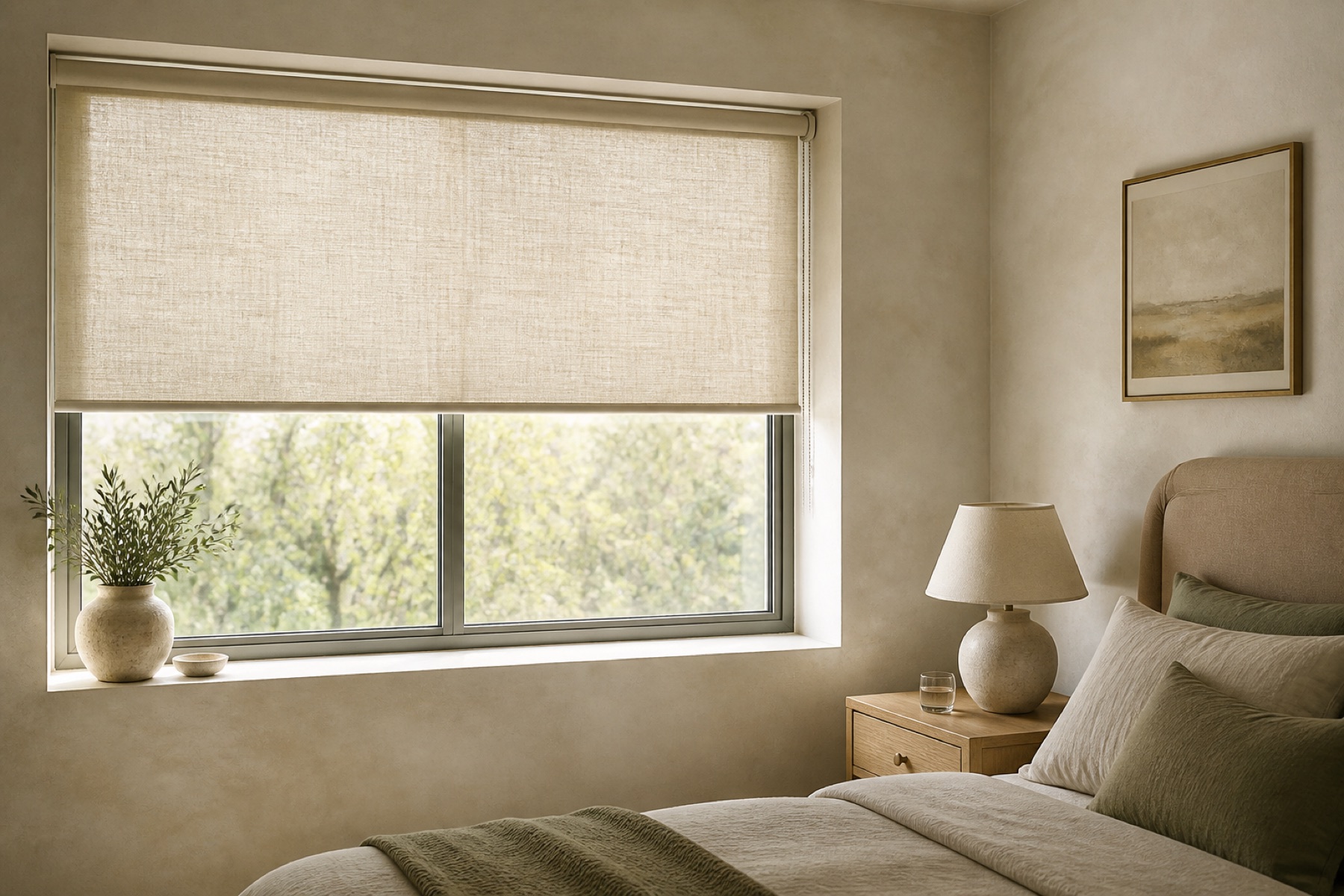 Textured oatmeal roller blind in a calm neutral bedroom