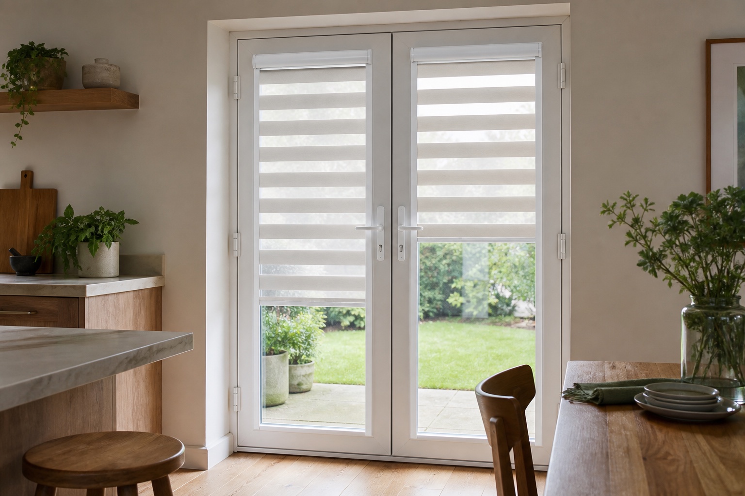 White Day and Night Perfect Fit blinds mounted to individual French-door panels