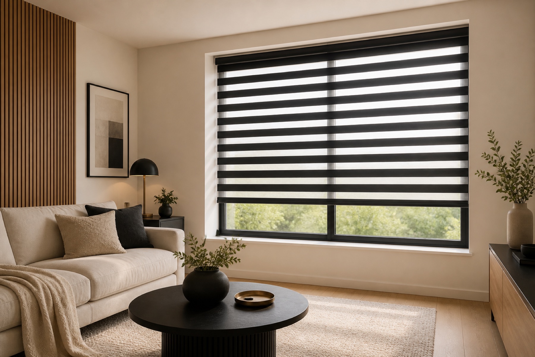 Black and white day and night blinds in a contemporary living room