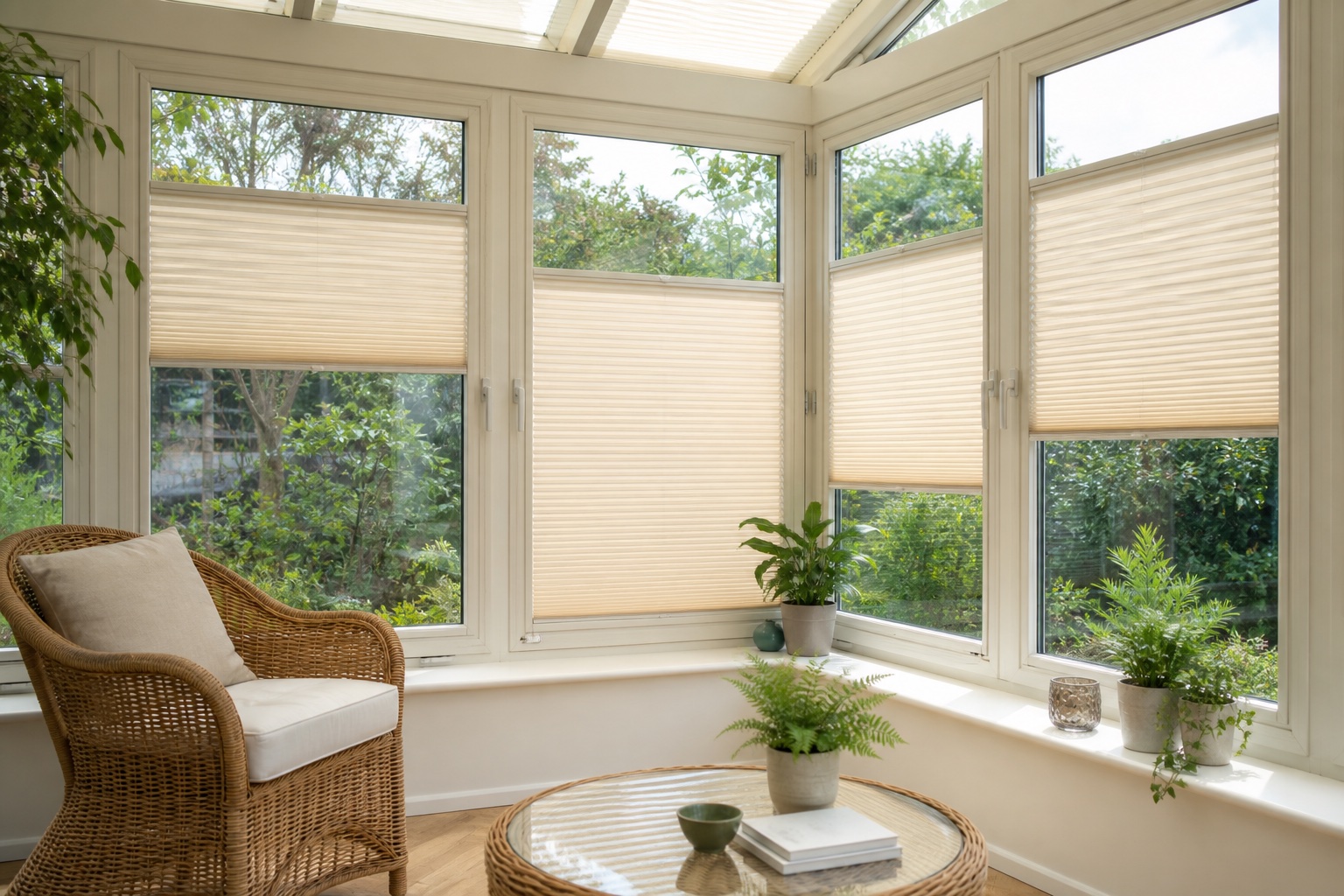 Warm ivory pleated blinds across garden-room windows
