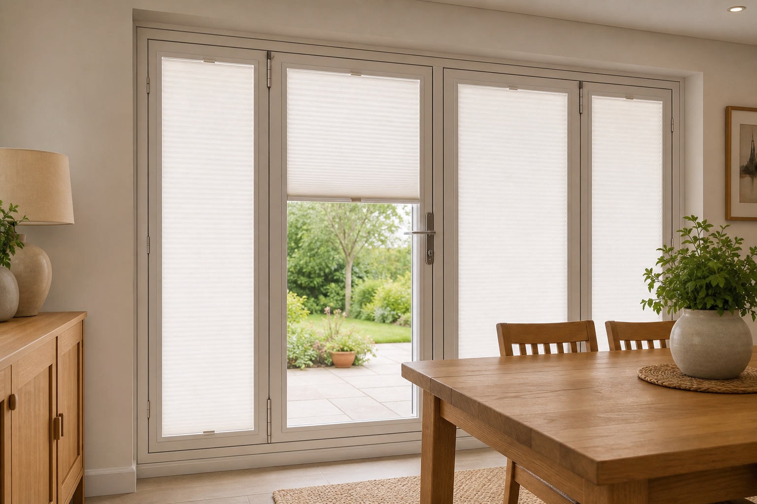 Soft white Plisse Perfect Fit blinds fitted individually to glazed patio doors