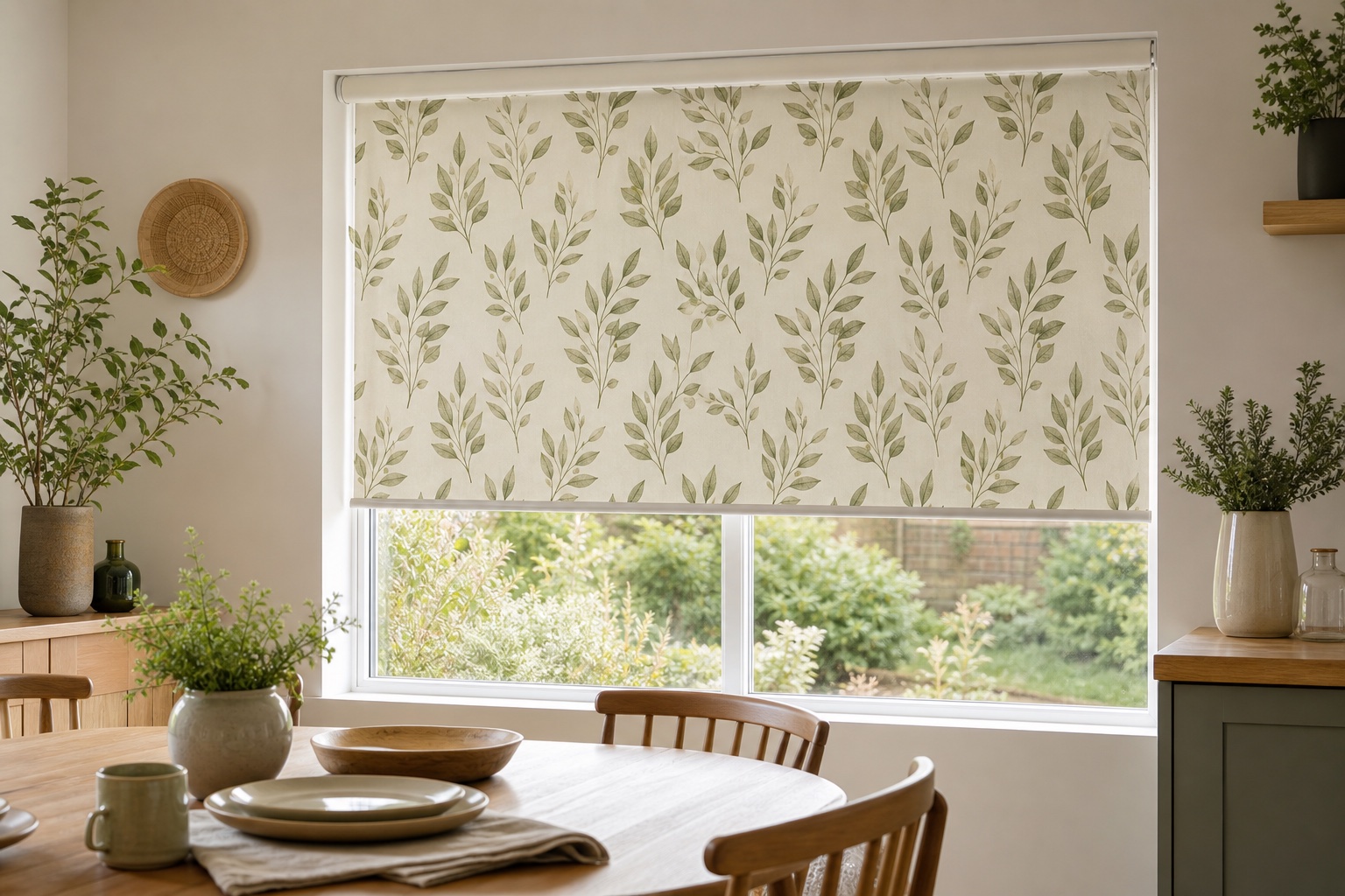Botanical patterned Roller blind in a dining room