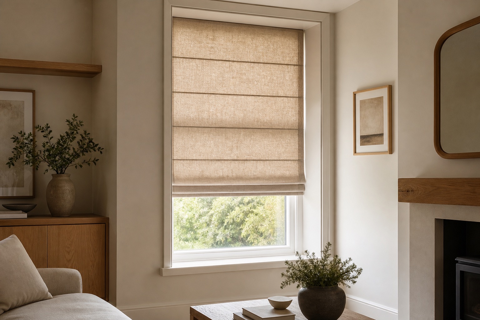 Natural linen Roman blind with broad tailored folds in a warm living room