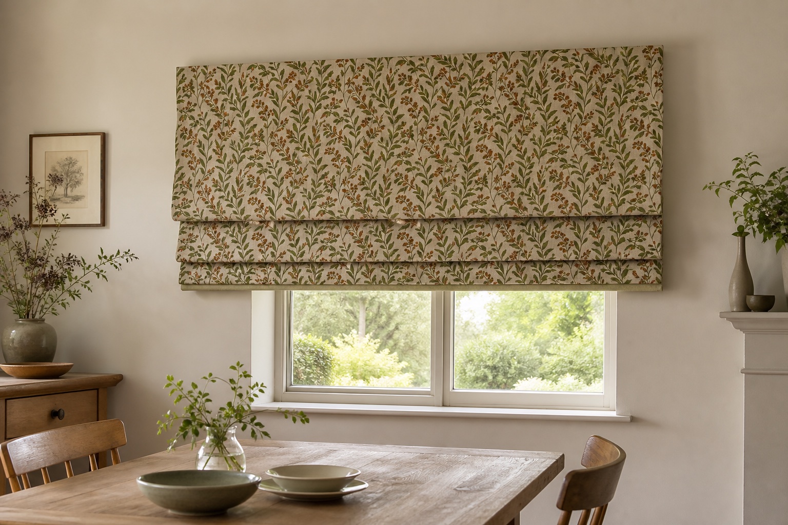 Botanical Roman blind mounted on the wall outside and wider than the window recess
