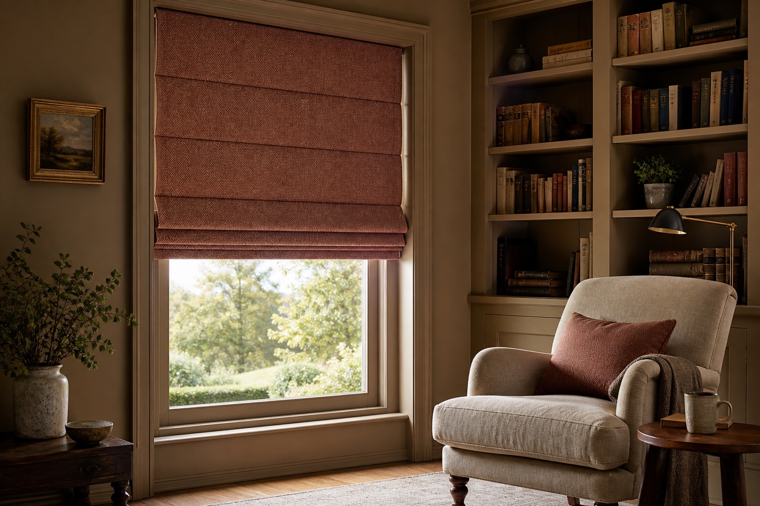 Terracotta herringbone Roman blind in a cosy reading room