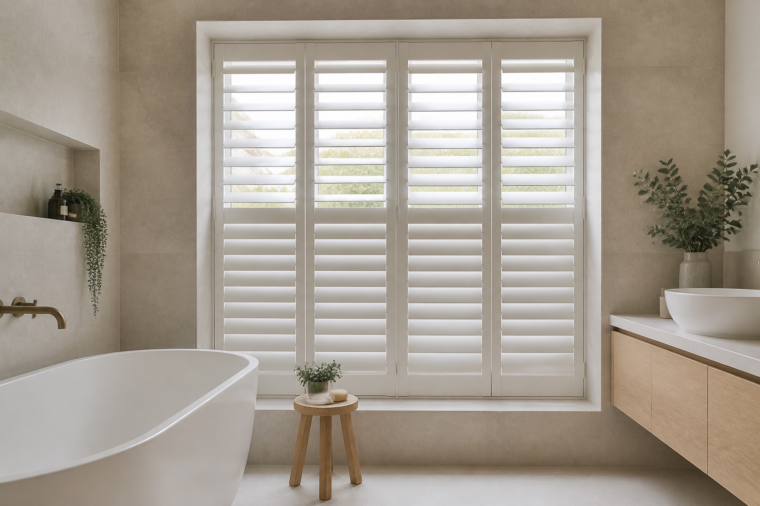 Soft-white shutters providing privacy in a pale limestone bathroom