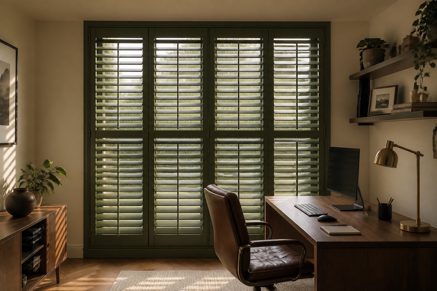 Dark olive plantation shutters filtering warm light in a home office