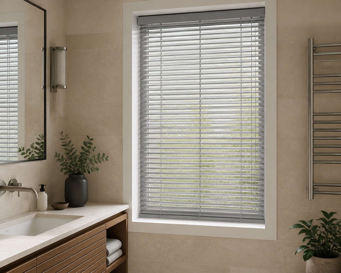 Soft grey aluminium Venetian blind in a limestone bathroom