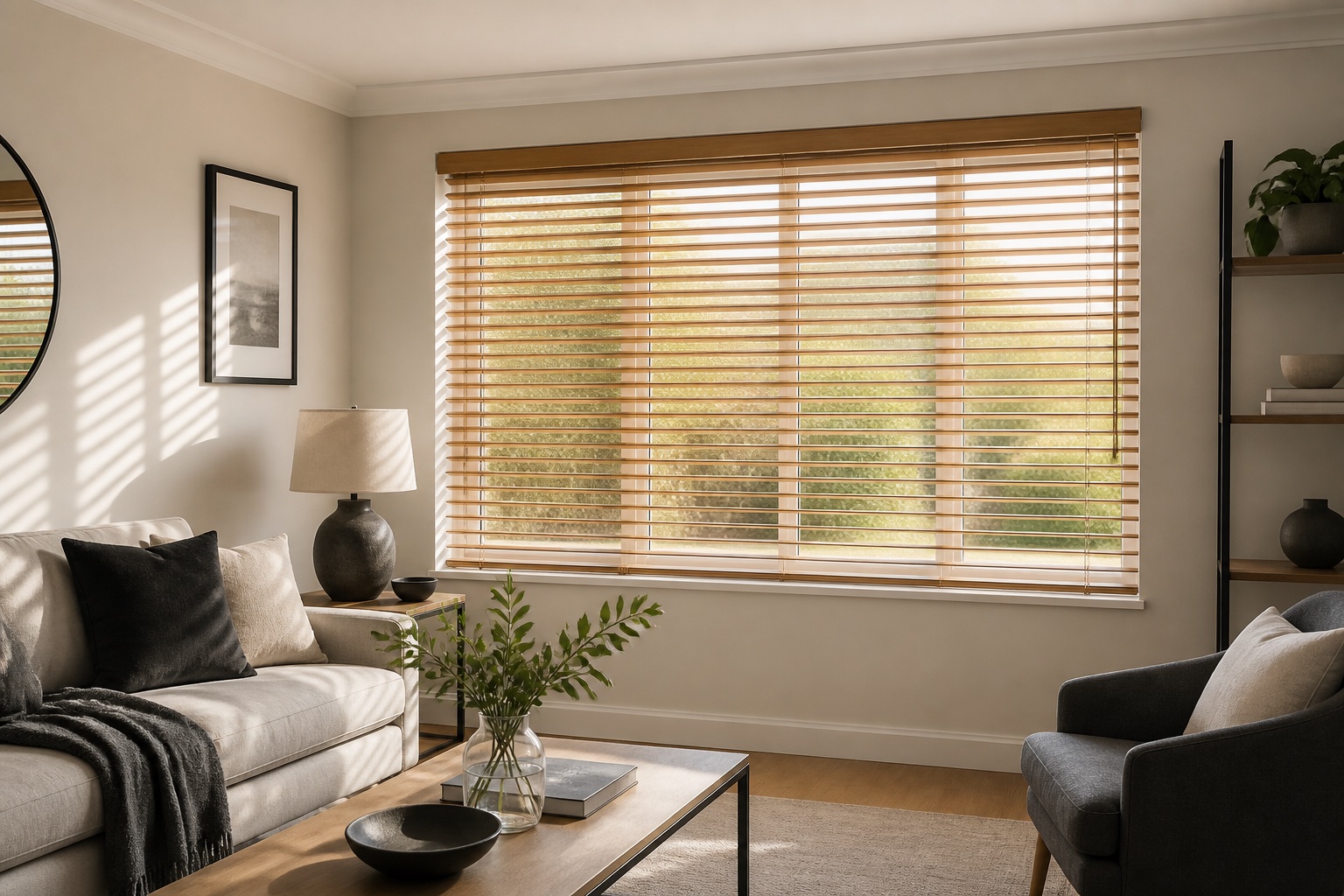 Natural wood Venetian blinds filtering sunlight in a modern living room