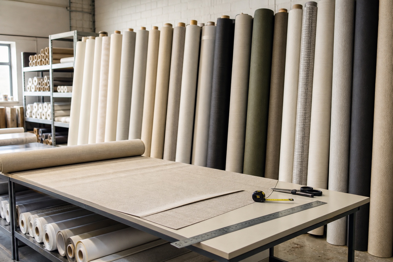 A curated collection of patterned and plain roller blind fabrics in a UK workshop