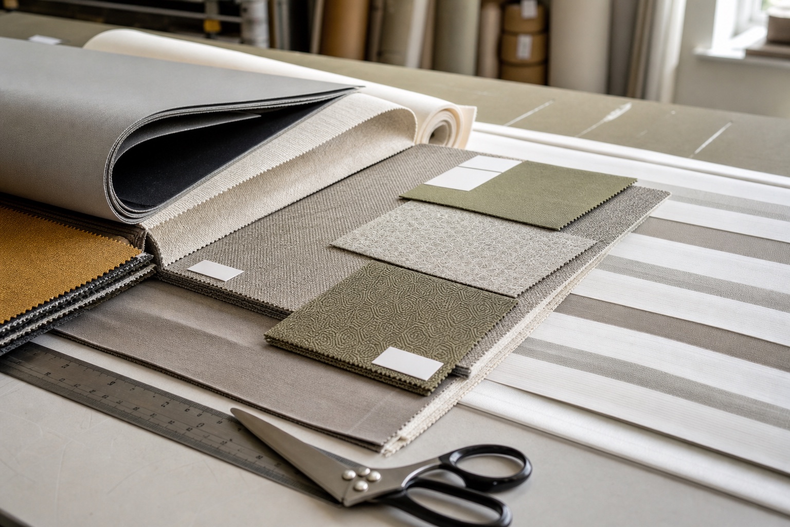 Roller blind fabric samples showing varied textures, patterns and light-control finishes