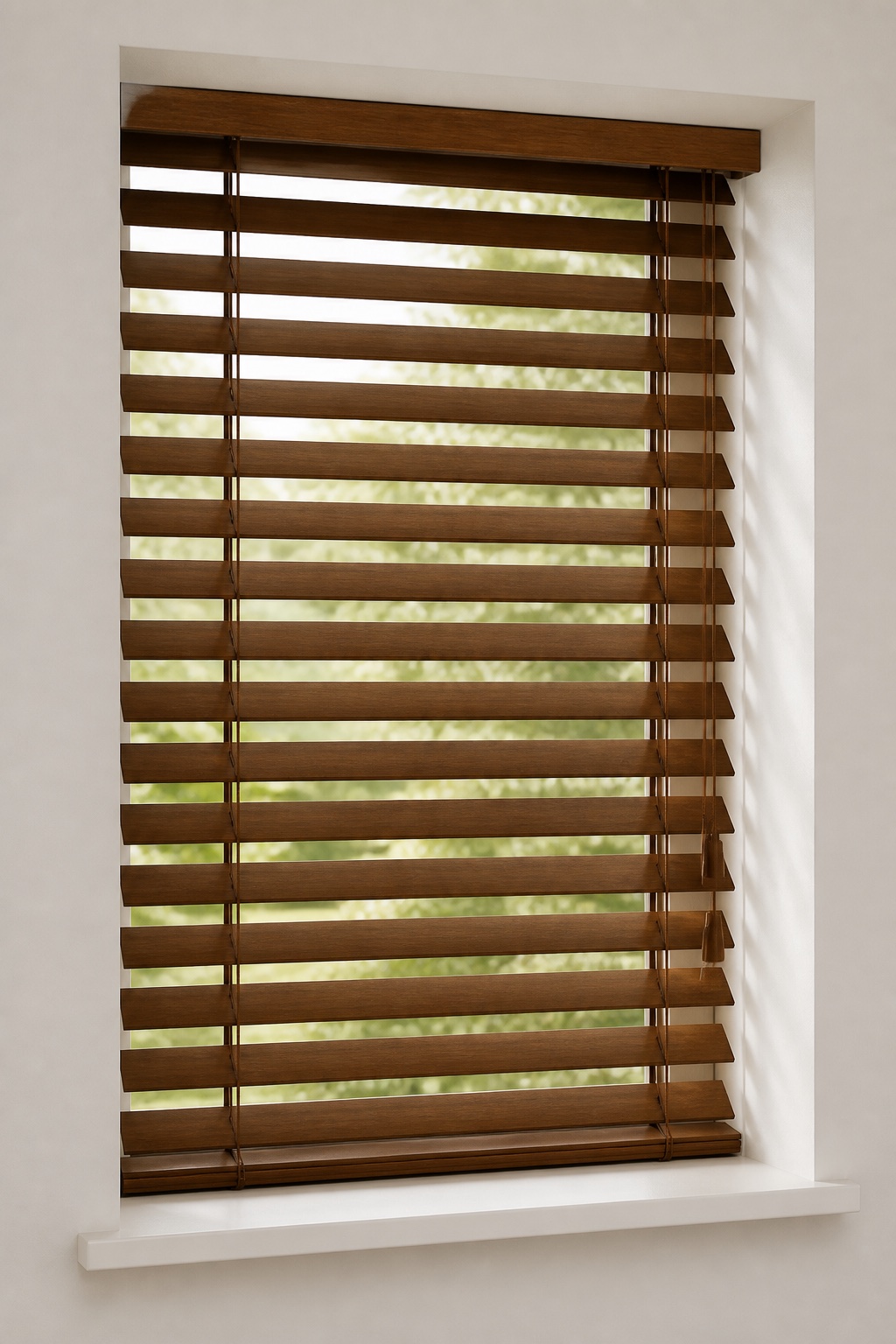 Warm wooden Venetian blind with adjustable horizontal slats